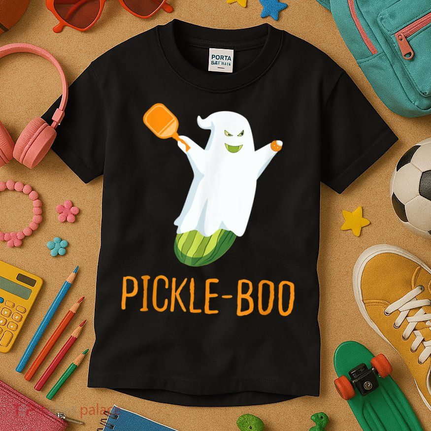 Funny Pickle Ghost Loves To Play Pickleball At Halloween Kids T-Shirt