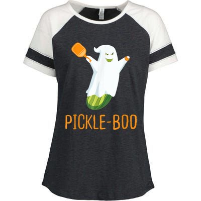 Funny Pickle Ghost Loves To Play Pickleball At Halloween Enza Ladies Jersey Colorblock Tee