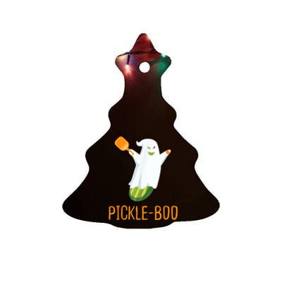 Funny Pickle Ghost Loves To Play Pickleball At Halloween Ceramic Tree Ornament