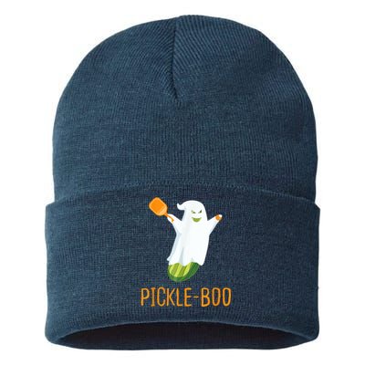 Funny Pickle Ghost Loves To Play Pickleball At Halloween Sustainable Knit Beanie