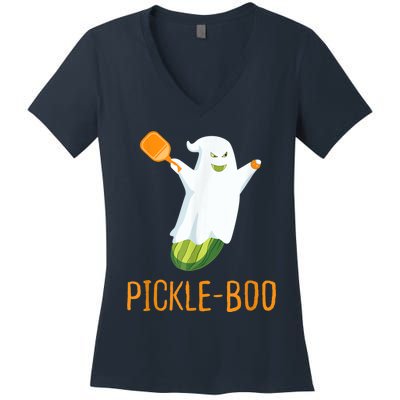 Funny Pickle Ghost Loves To Play Pickleball At Halloween Women's V-Neck T-Shirt