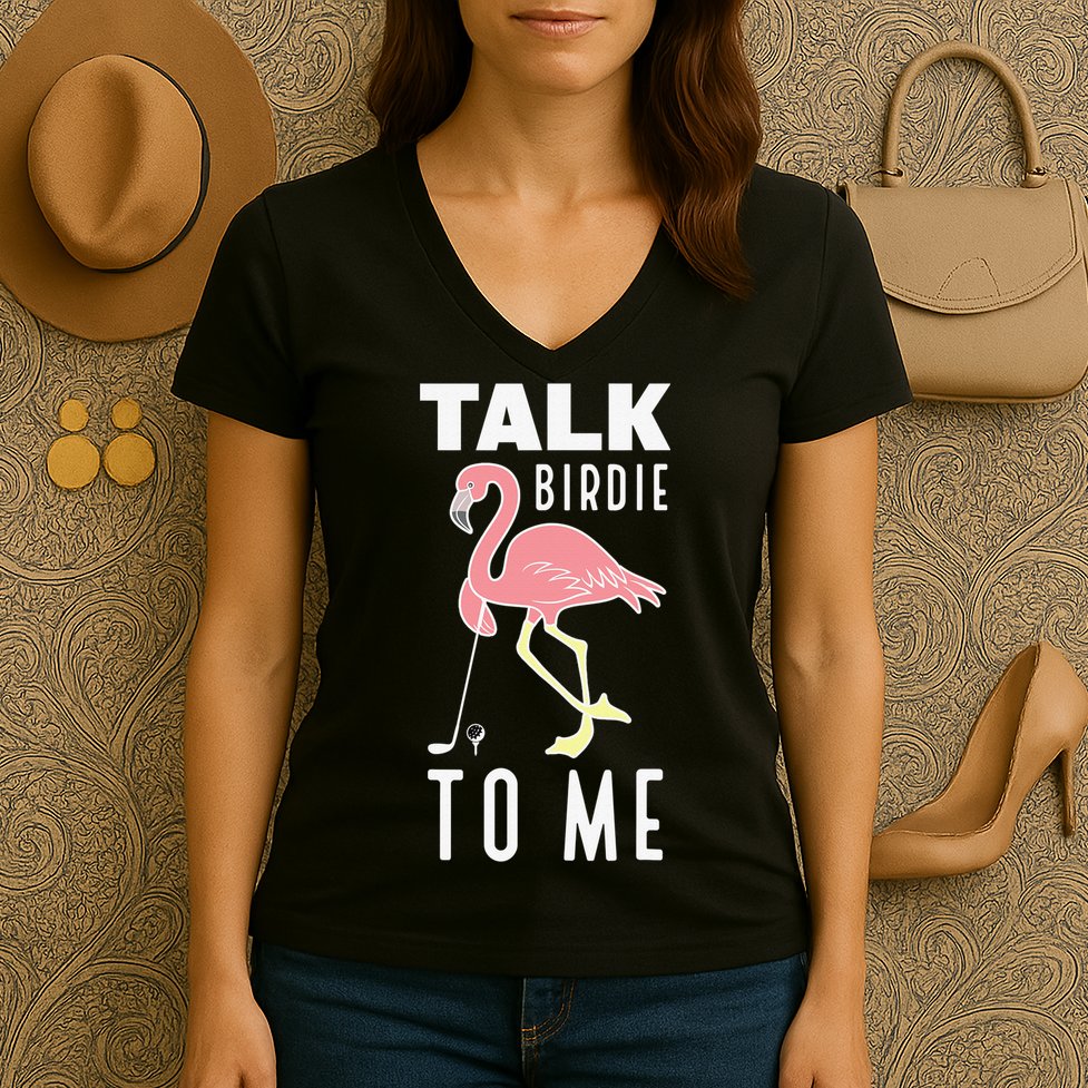 Flamingo Playing Golf Talk Birdie To Me Golfing Funny Women's V-Neck T-Shirt