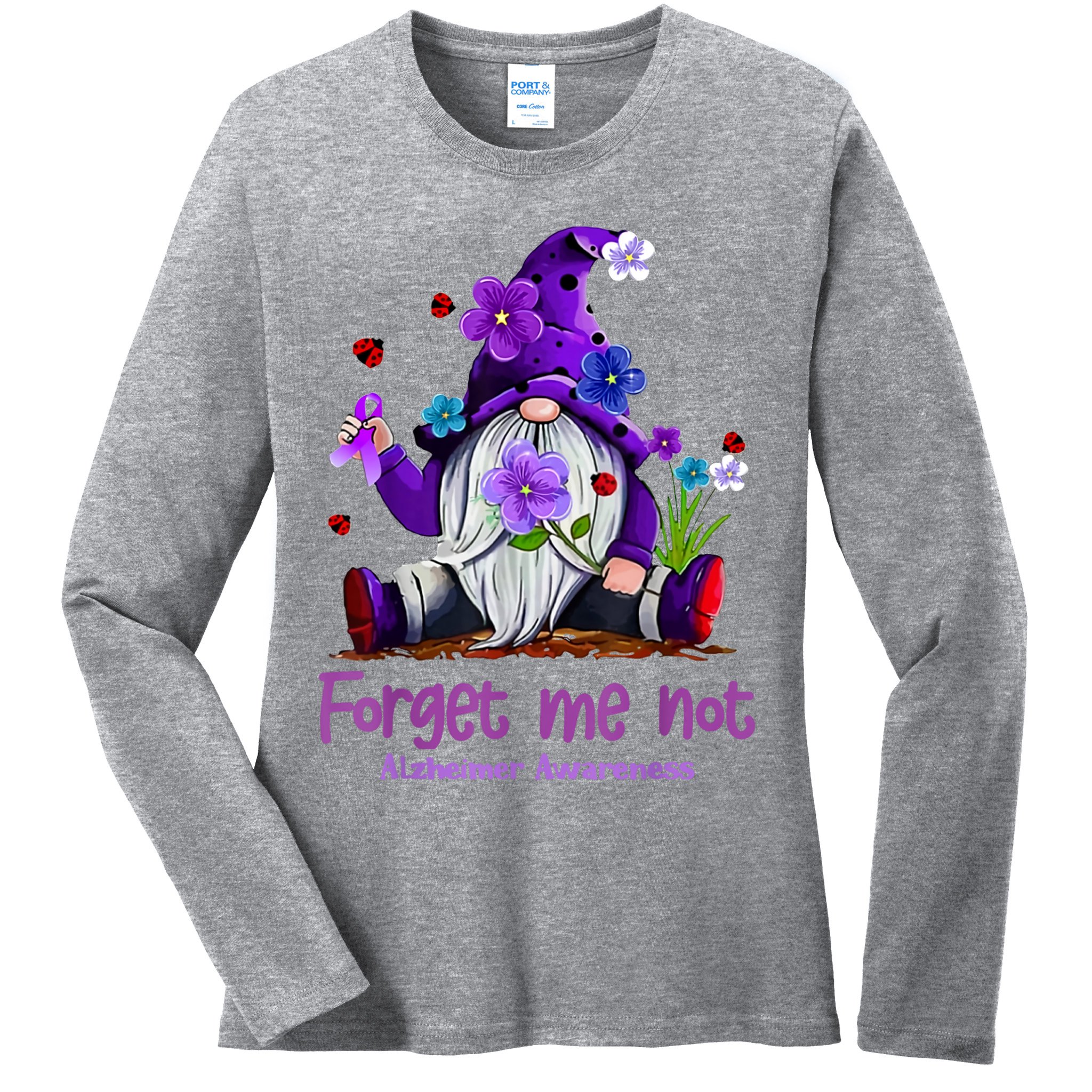 Forget Purple Gnome Me Not Purple Alzheimers Awareness Ladies Long Sleeve Shirt
