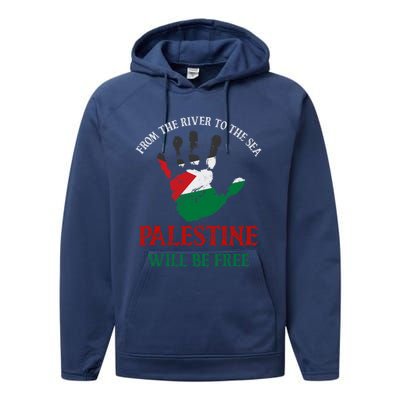 Free Palestine Gaza Flag Arabic Will Be Free Distressed Gift Performance Fleece Hoodie