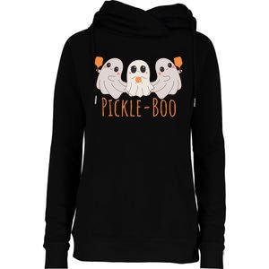 Fun Pickleboo Ghost Playing Pickleball Halloween Paddleball Gift Womens Funnel Neck Pullover Hood