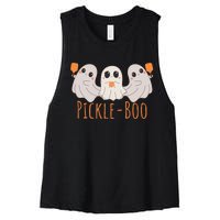 Fun Pickleboo Ghost Playing Pickleball Halloween Paddleball Gift Women's Racerback Cropped Tank