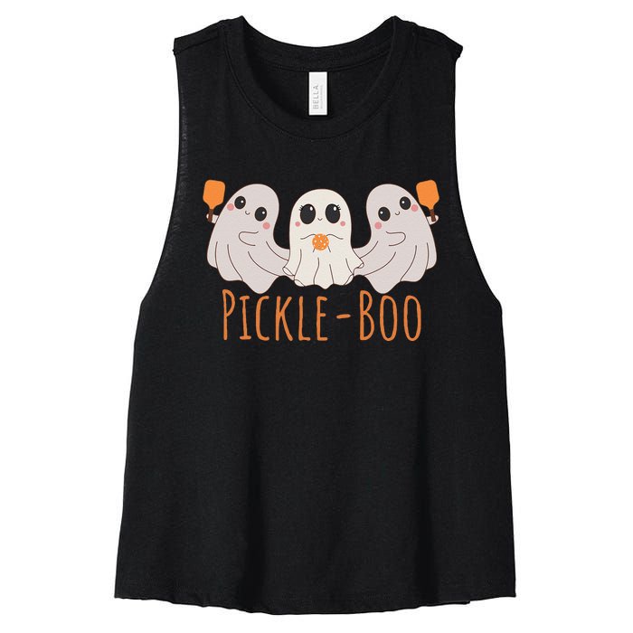 Fun Pickleboo Ghost Playing Pickleball Halloween Paddleball Gift Women's Racerback Cropped Tank