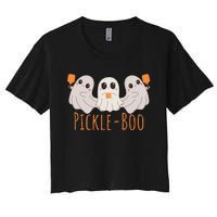 Fun Pickleboo Ghost Playing Pickleball Halloween Paddleball Gift Women's Crop Top Tee