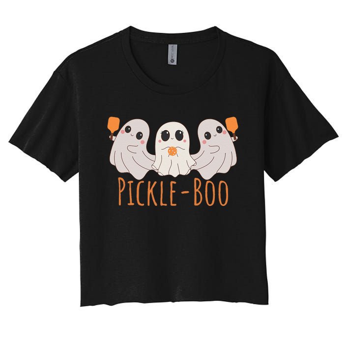 Fun Pickleboo Ghost Playing Pickleball Halloween Paddleball Gift Women's Crop Top Tee