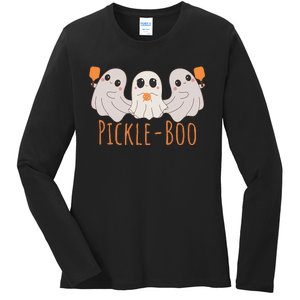 Fun Pickleboo Ghost Playing Pickleball Halloween Paddleball Gift Ladies Long Sleeve Shirt