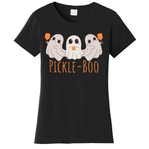 Fun Pickleboo Ghost Playing Pickleball Halloween Paddleball Gift Women's T-Shirt