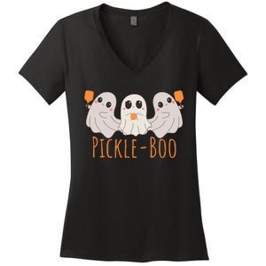 Fun Pickleboo Ghost Playing Pickleball Halloween Paddleball Gift Women's V-Neck T-Shirt