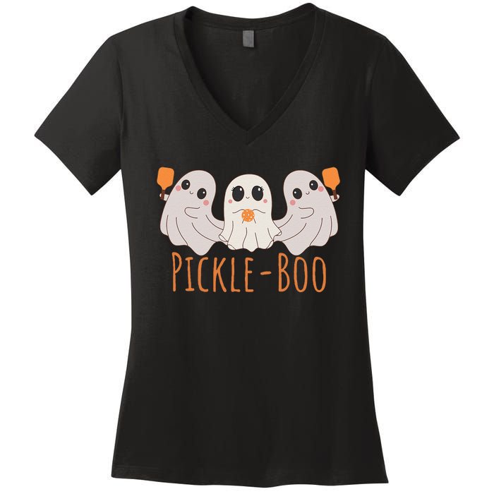 Fun Pickleboo Ghost Playing Pickleball Halloween Paddleball Gift Women's V-Neck T-Shirt