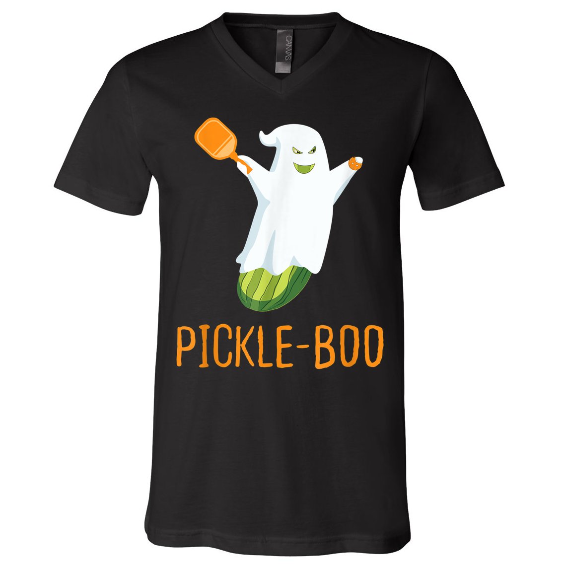 Funny Pickle Ghost Loves To Play Pickleball At Halloween V-Neck T-Shirt