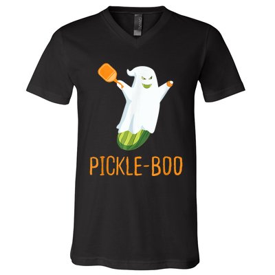 Funny Pickle Ghost Loves To Play Pickleball At Halloween V-Neck T-Shirt