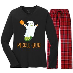 Funny Pickle Ghost Loves To Play Pickleball At Halloween Women's Long Sleeve Flannel Pajama Set 