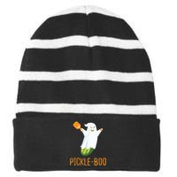 Funny Pickle Ghost Loves To Play Pickleball At Halloween Striped Beanie with Solid Band