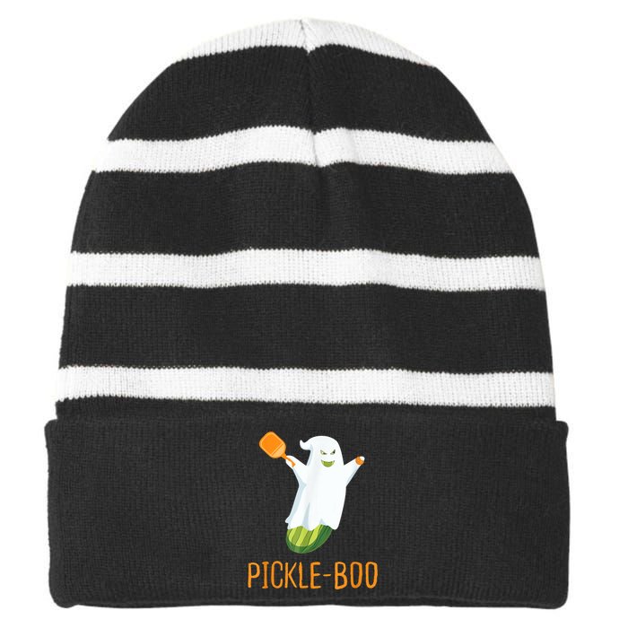 Funny Pickle Ghost Loves To Play Pickleball At Halloween Striped Beanie with Solid Band