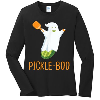 Funny Pickle Ghost Loves To Play Pickleball At Halloween Ladies Long Sleeve Shirt