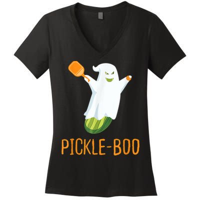 Funny Pickle Ghost Loves To Play Pickleball At Halloween Women's V-Neck T-Shirt