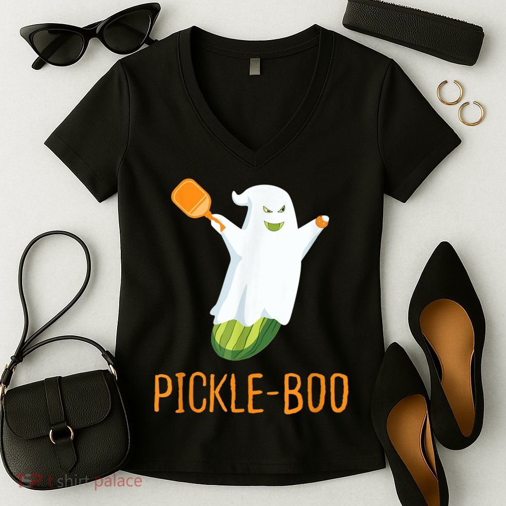 Funny Pickle Ghost Loves To Play Pickleball At Halloween Women's V-Neck T-Shirt