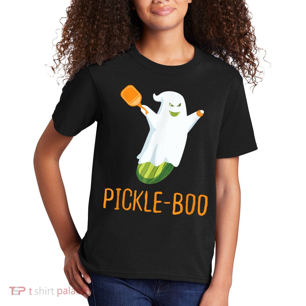 Funny Pickle Ghost Loves To Play Pickleball At Halloween Kids T-Shirt