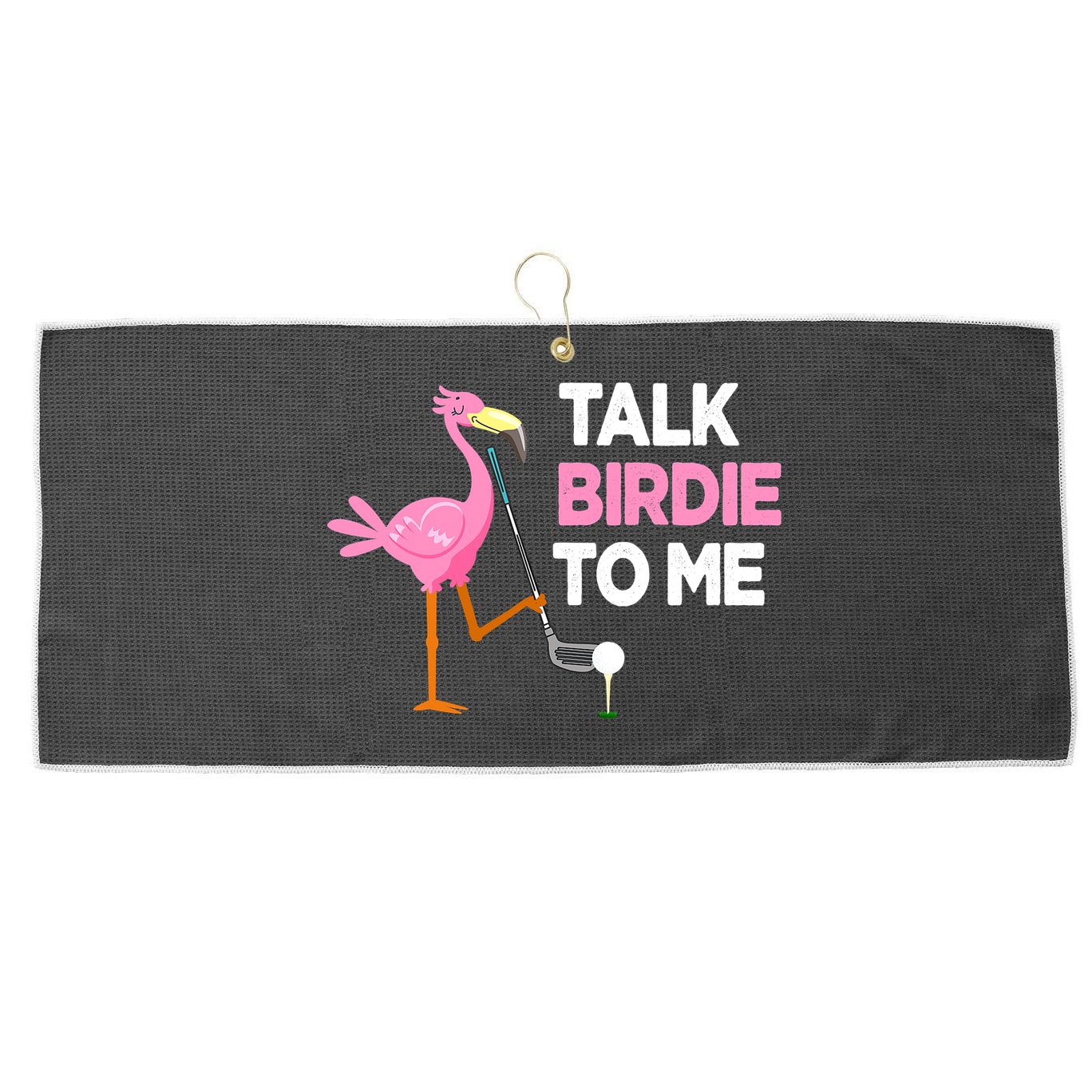 Flamingo Playing Golf Talk Birdie To Me Pun Funny Large Microfiber Waffle Golf Towel
