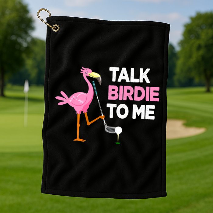 Flamingo Playing Golf Talk Birdie To Me Pun Funny Golf Towel