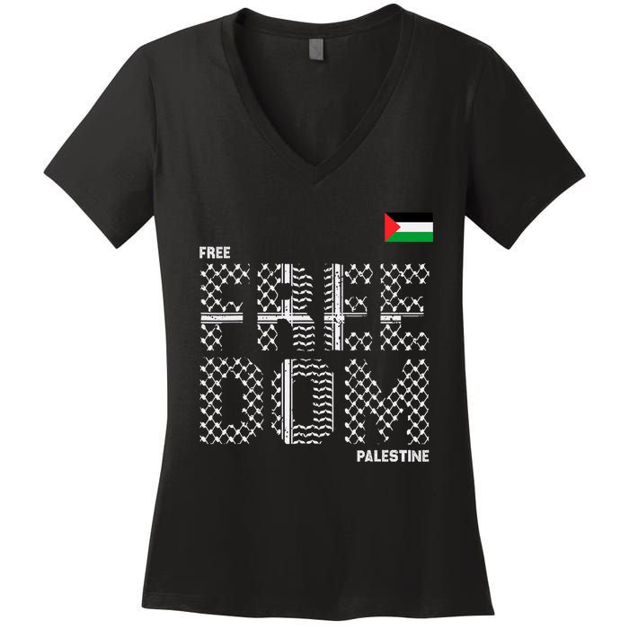 Free Palestine Gaza Flag Arabic Freedom For Palestinians Women's V-Neck T-Shirt