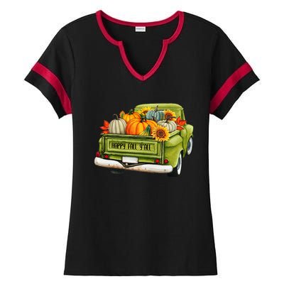 Fall Pumpkin Harvest Time Old Pickup Farm Truck Thanksgiving Ladies Halftime Notch Neck Tee