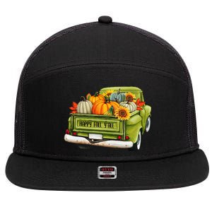 Fall Pumpkin Harvest Time Old Pickup Farm Truck Thanksgiving 7 Panel Mesh Trucker Snapback Hat