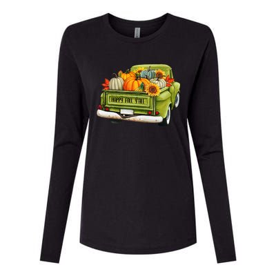 Fall Pumpkin Harvest Time Old Pickup Farm Truck Thanksgiving Womens Cotton Relaxed Long Sleeve T-Shirt