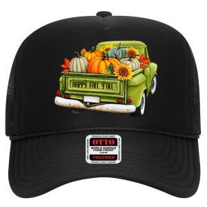 Fall Pumpkin Harvest Time Old Pickup Farm Truck Thanksgiving High Crown Mesh Back Trucker Hat