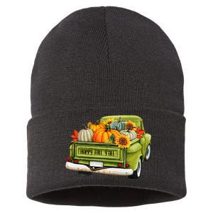 Fall Pumpkin Harvest Time Old Pickup Farm Truck Thanksgiving Sustainable Knit Beanie