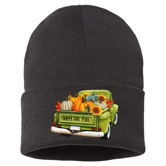 Fall Pumpkin Harvest Time Old Pickup Farm Truck Thanksgiving Sustainable Knit Beanie