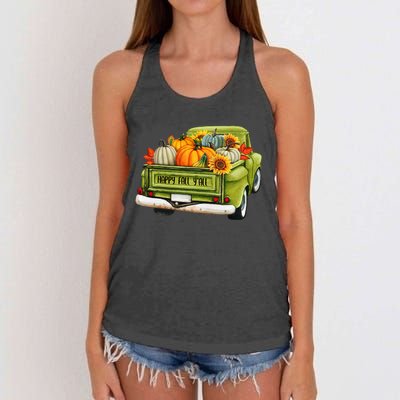 Fall Pumpkin Harvest Time Old Pickup Farm Truck Thanksgiving Women's Knotted Racerback Tank