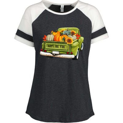 Fall Pumpkin Harvest Time Old Pickup Farm Truck Thanksgiving Enza Ladies Jersey Colorblock Tee