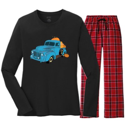 Fall Pumpkin Harvest Time Old Pickup Farm Truck Women's Long Sleeve Flannel Pajama Set 