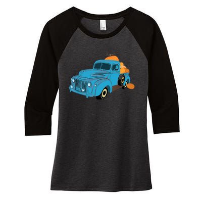 Fall Pumpkin Harvest Time Old Pickup Farm Truck Women's Tri-Blend 3/4-Sleeve Raglan Shirt