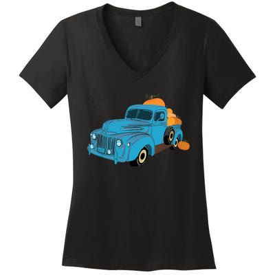 Fall Pumpkin Harvest Time Old Pickup Farm Truck Women's V-Neck T-Shirt