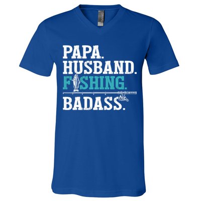 Fishing Papa Husband Fishing Badass Father's Day Gift V-Neck T-Shirt