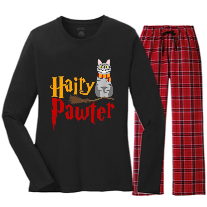 FUNNY Pun Hairy Pawter TShirt Wizard Gift For Cat Lovers Women's Long Sleeve Flannel Pajama Set 