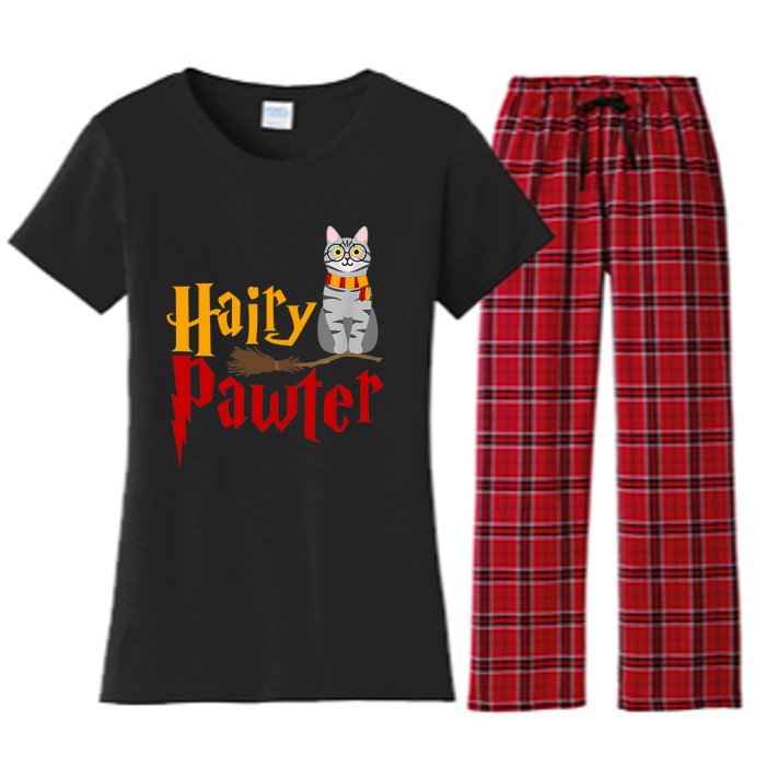 FUNNY Pun Hairy Pawter TShirt Wizard Gift For Cat Lovers Women's Flannel Pajama Set