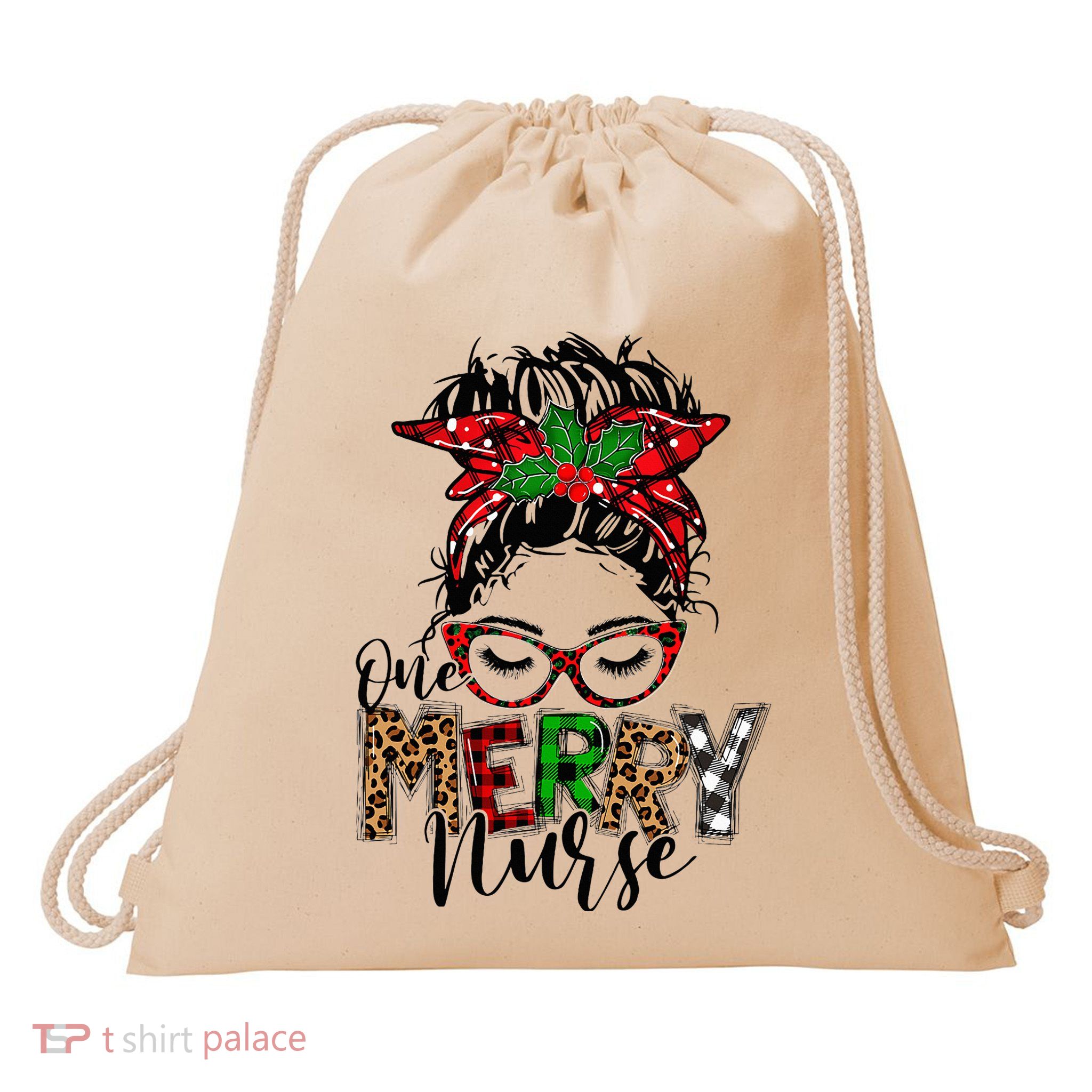 Festive Plaid Holiday PJs for Busy School Nurses Drawstring Bag