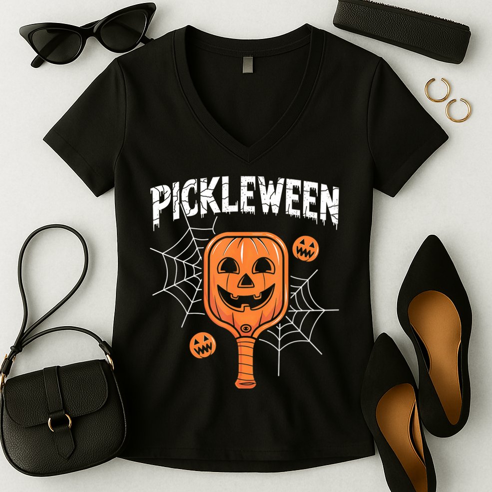 Funny Pickleween Halloween Pickleball Players Gift Women's V-Neck T-Shirt