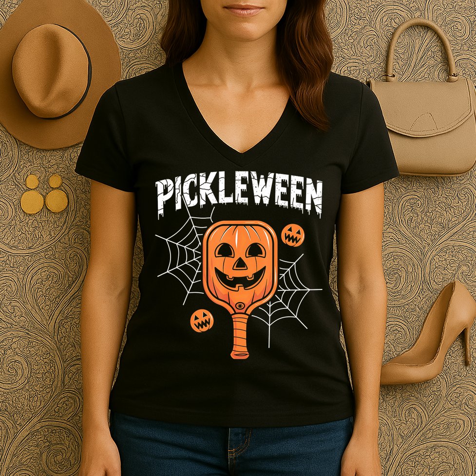 Funny Pickleween Halloween Pickleball Players Gift Women's V-Neck T-Shirt