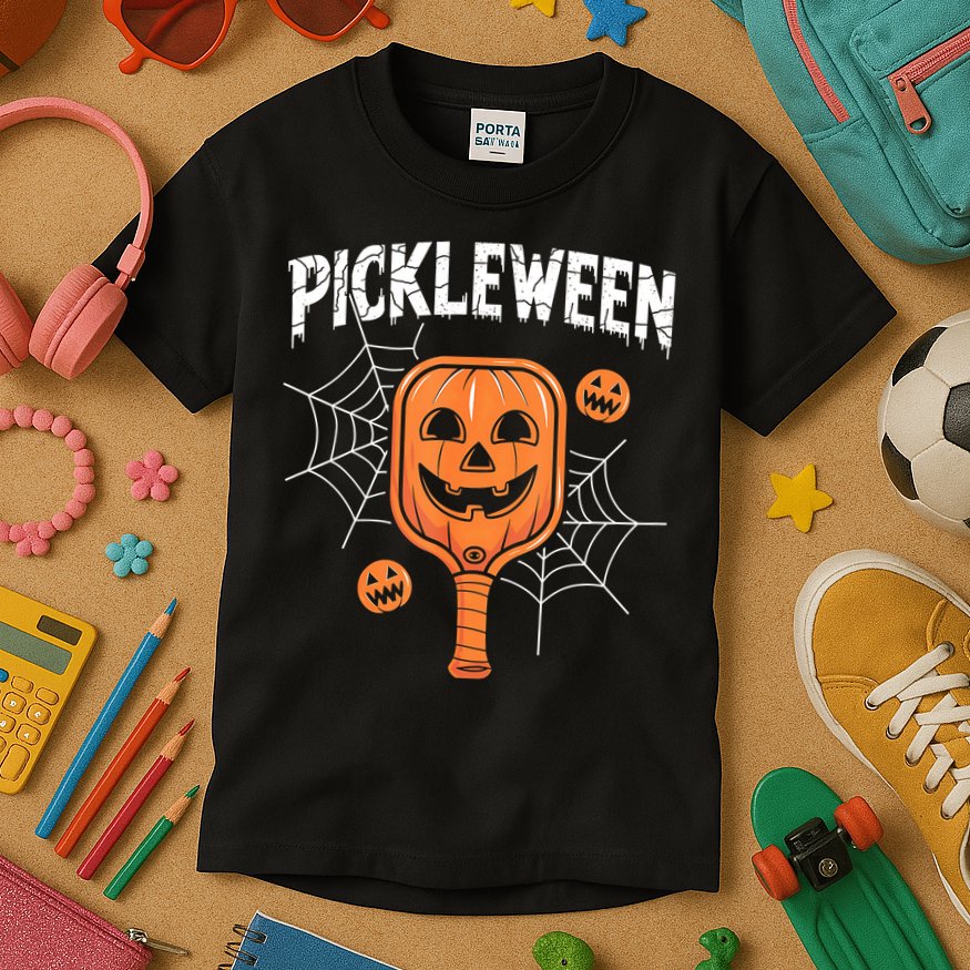 Funny Pickleween Halloween Pickleball Players Gift Kids T-Shirt