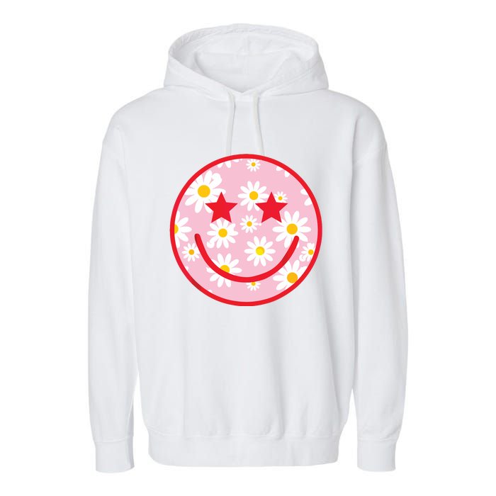 Funny Pink Happy Face Daisy Flower Smile Face Trendy Garment-Dyed Fleece Hoodie