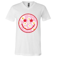 Funny Pink Happy Face Daisy Flower Smile Face Trendy V-Neck T-Shirt