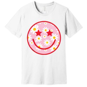 Funny Pink Happy Face Daisy Flower Smile Face Trendy Premium T-Shirt